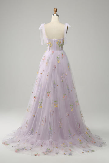Lavender A Line Corset Long Ball Dress with Embroidered Floral